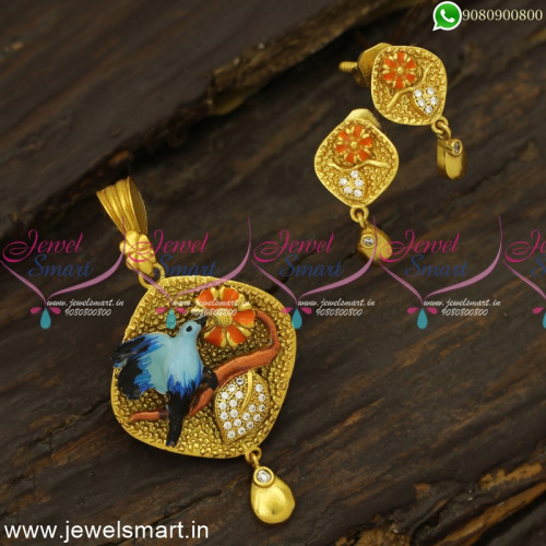 Enamel Colour Bird on Flower Antique Gold Pendant Earrings Set Fashion Jewellery PS24655