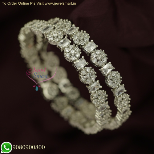 Exquisite Floral Design Glowing White CZ Bangles | Rhodium-Plated Premium Jewellery B25870