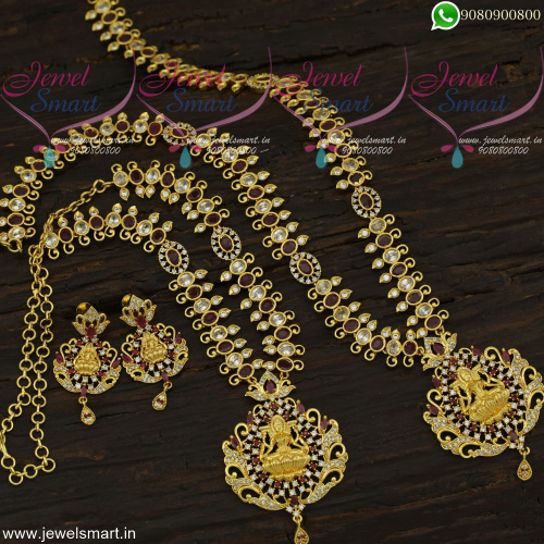 Eye-Catching Wedding Jewellery Online Temple Long Gold Necklace Combo