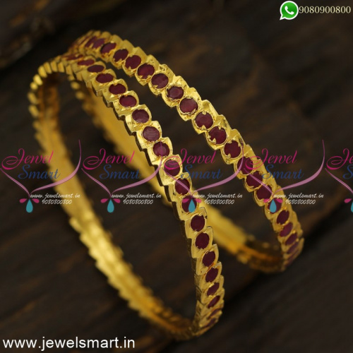 Eye Shape Cut Red Stones Gold Design Bangles Imitation Jewellery Online B24603