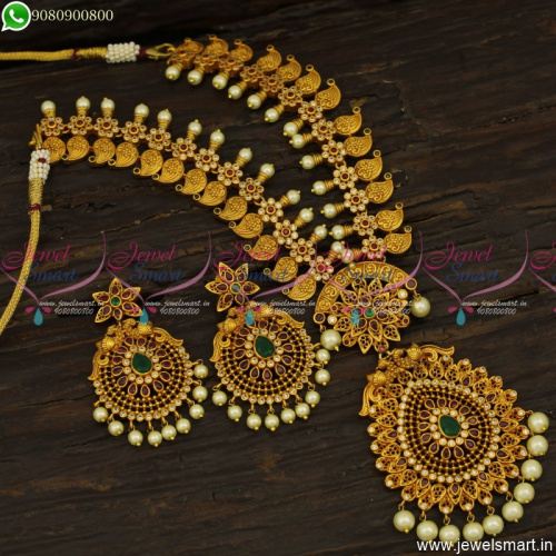 NL12376RG Gold Jewellery Dull Matte Finish Floral Mango Necklace Semi Precious Stones Ruby Green White Pearl Shop Online