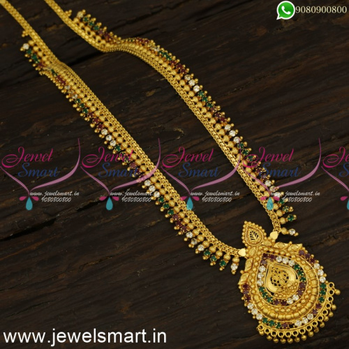 Fancy Design One Gram Gold Long Necklace Kharbuja Beads With Stones Arumbu NL24126