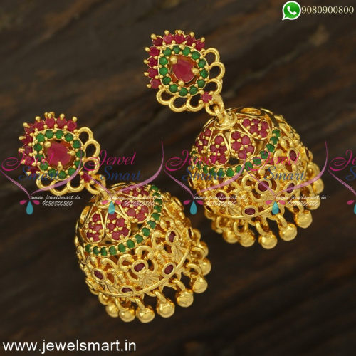 Fascinating Gold Plated Ruby Emerald Jhumka Earrings Daily Wear Covering Jewellery J24819