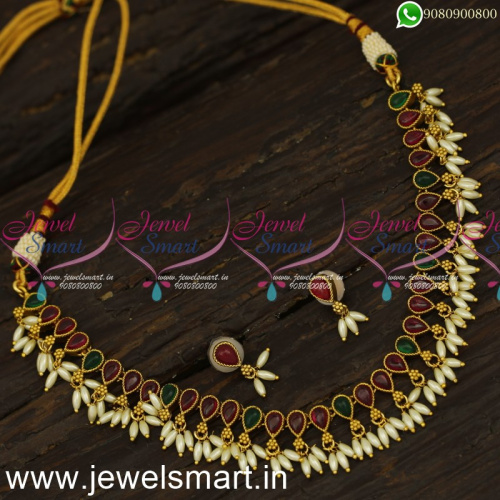 Fashionable Single Stone Line Antique Gold Necklace Designs Ideas With Rice Pearls NL24026