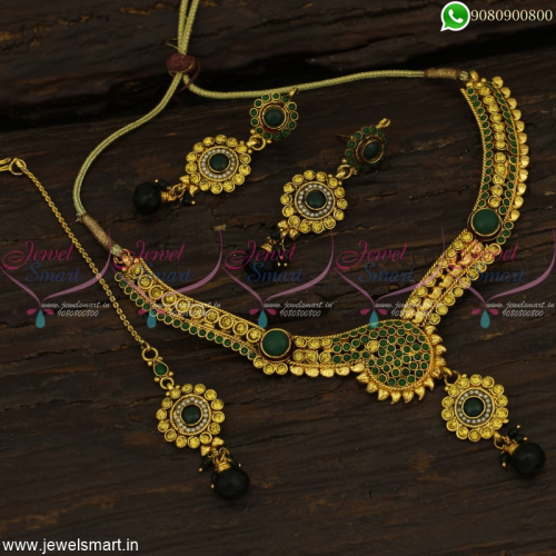 Festive Seasonal Sale Low Price Green and Yellow Necklace Set Maang Tikka Online 