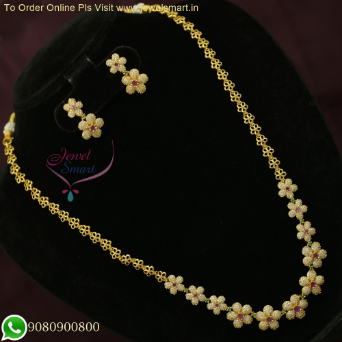 Floral Antique Gold Long Necklace with CZ Stones - Lowest Price Online NL26391