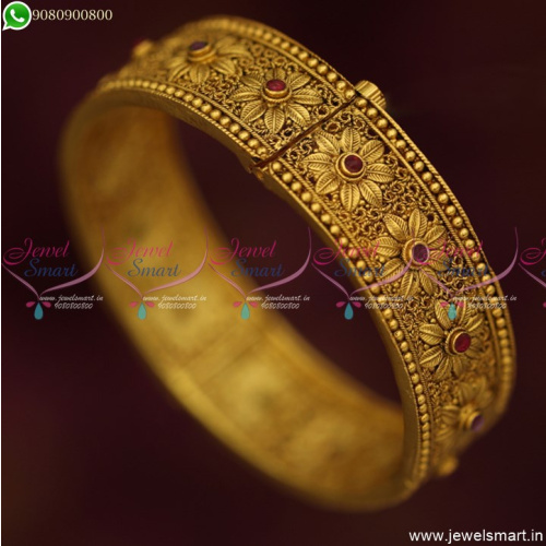 B18873 Floral Design Intricately Designed Antique Gold Plated Single Piece Bangle Latest Designs