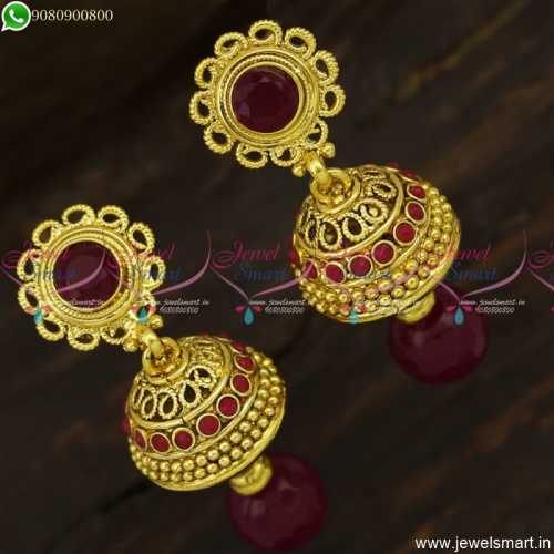 Floral Antique Red Stone Jhumka Earrings Low Price Antique Fashion Jewellery J23738