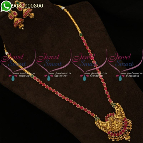 Delicate Stone Chain Gajalakshmi Pendant Antique Long Necklace With Jhumkas NL20047A