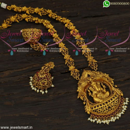 Ganesh Pendant Gold Long Necklace Design Floral Chain Jhumka Matching Earrings NL21883