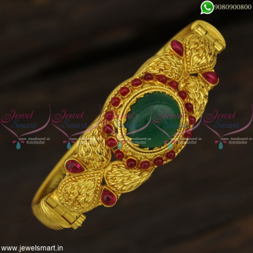 Green Gemstone Look-Alike Hollow Kada Bracelets One Gram Gold Jewellery Traditional Models B22889