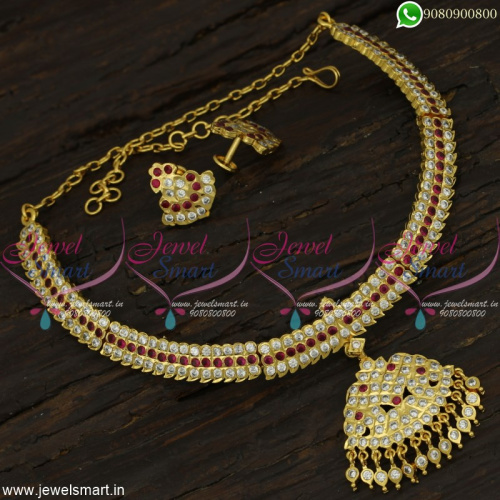 Getti Metal Gold Necklace Design Attigai 3 Line Stones Traditional Indian