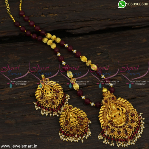 Gheru Reddish Gold Pendant and Earrings With Red and Kharbuja Beads Necklace NL23027