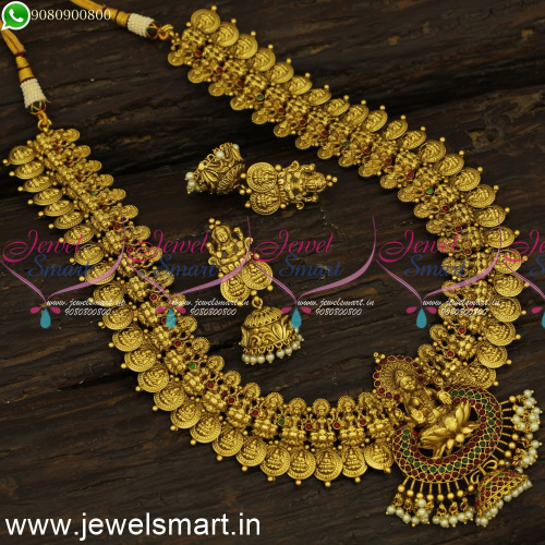 Glorious Laxmi Coin Long Necklace For Wedding Antique Temple Gold U Haram Middle Length