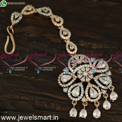 Glowing Rose Gold Maang Tikka Unique Bridal Accessories for Hair Diamond Finish T24090