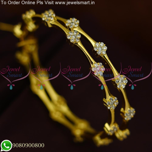 Gold Jewellery Inspired White CZ Stones Thin String Bangles Design B25482