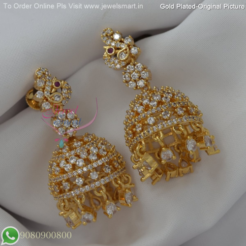 Gold Plated Peacock Jhumka Earrings with Screw Lock, CZ Stones – 3 Colour Options, Real Gold Inspired Design J27266