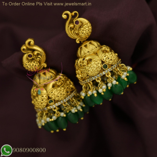 Gold Plated Peacock Design Jhumka Earrings with Green Beads – Temple Jewelry Inspired J26786
