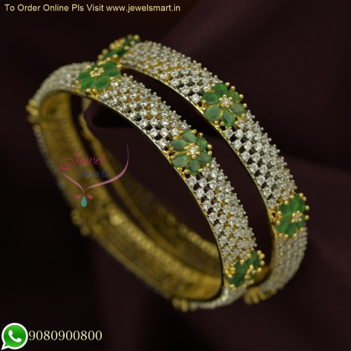 Gold Silver Two Tone Floral Emerald Green CZ Bangles | Popular Design | Online at Best Prices B25913