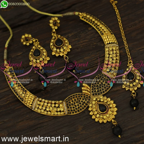 Golden Yellow with Black Stones Fashion Jewellery Set With Maang Tikka NL24084