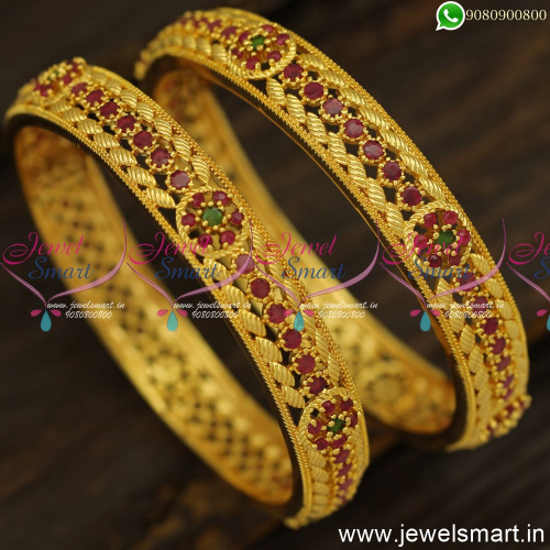 Gorgeous Ruby and Emerald Forming Gold Bangles Design Latest Jewellery Online B24801