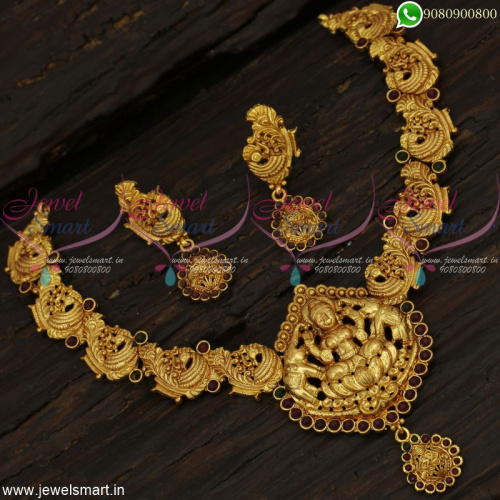 Graceful Gajalakshmi Temple Jewellery Nakshi Necklace Set Reddish Gold Concept NL22710