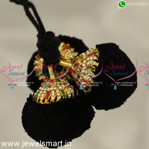 H12967 Traditional Hair Jewellery Round Jada Kunjalam Black Wool Kuppulu White Stones 