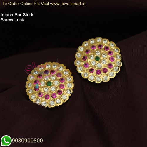 Impon Ear Studs for Women: South Indian Screw Lock Traditional Durable Gold Plated Jewelry ER26475