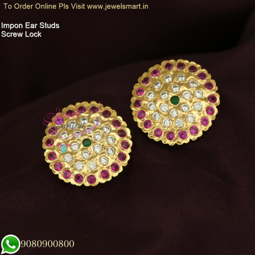 Big Round Impon Ear Studs for Women: South Indian Screw Lock Gold Plated Jewelry ER26472