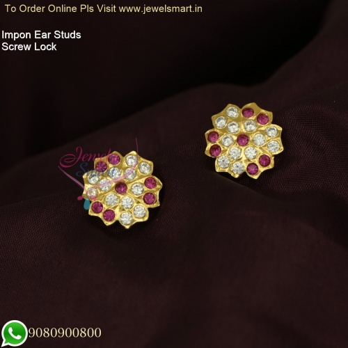 Impon Ear Studs for Women: South Indian Screw Lock Traditional Durable Gold Plated Jewelry ER26473