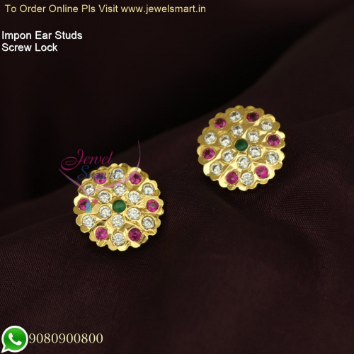 Impon Ear Studs for Women: South Indian Screw Lock Traditional Durable Gold Plated Jewelry ER26474
