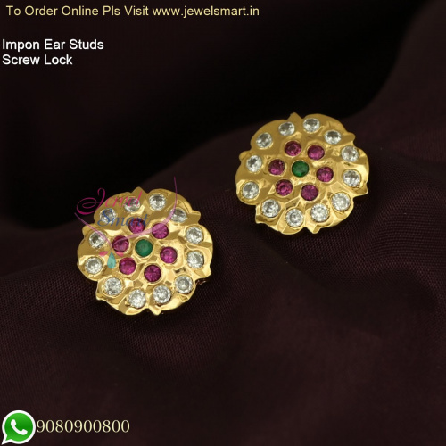 Impon Ear Studs for Women: South Indian Screw Lock Traditional Durable Gold Plated Jewelry