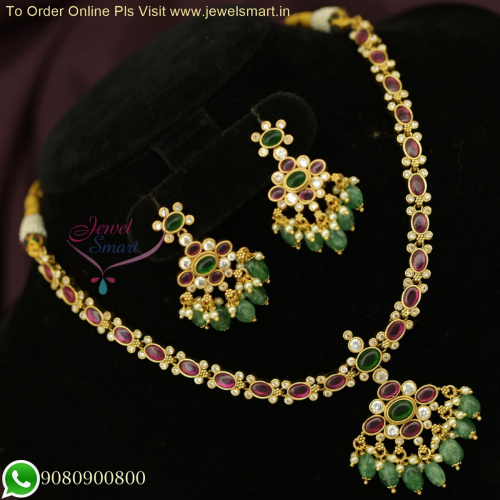 Exquisite Jadau Kundan Attigai Style Kemp Stone Necklace Set - South Indian Traditional Gold Design NL6347