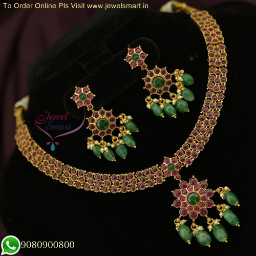 Elegant Jadau Kundan Style 3-Line Kemp Necklace Set with Green Drops - Gold Design NL26346
