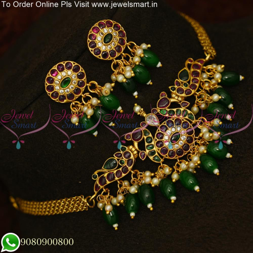 Jadau Kundan Style Modern Choker Necklace Sets Red and Green NL25428