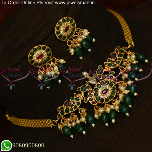 Jadau Kundan Style Modern Choker Necklace Sets Red and Green NL25429