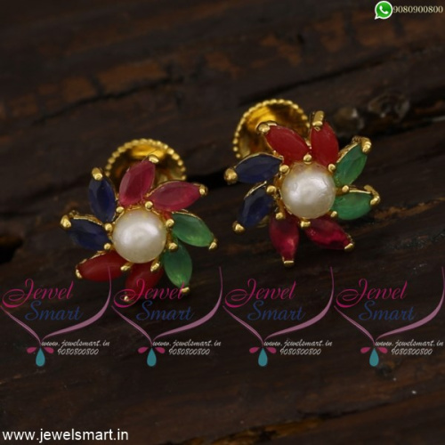 Shop for Small Size Ear Studs With Screw Pearl and AD Marquise Stones