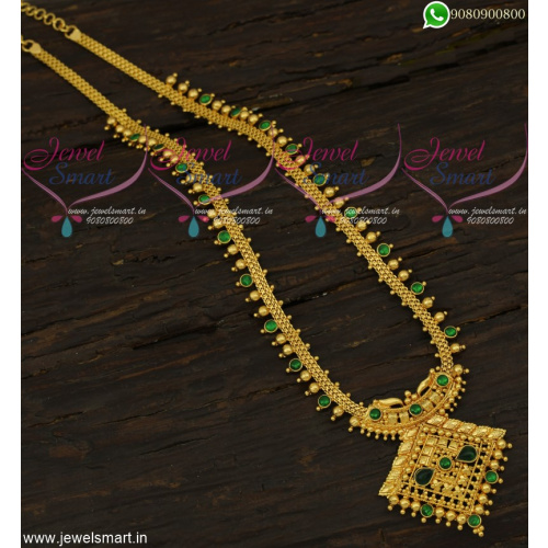 Kemp Green Stones Long Gold Necklace Designs South Indian Jewellery NL22146