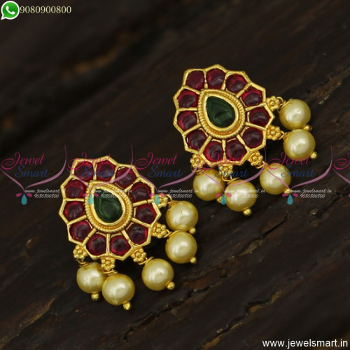 Kemp Stones Ear Studs Designs With Pearls Gold Plated Jewellery Online ER23569