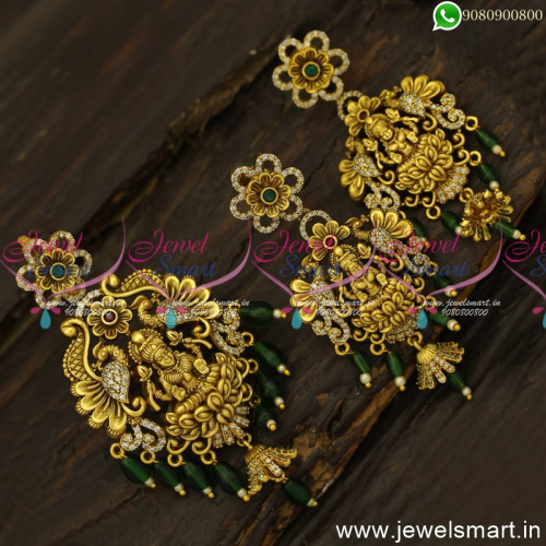 Kolhapur Style Antique Gold Pendant Earrings Set CZ Fusion Green Beads PS24646