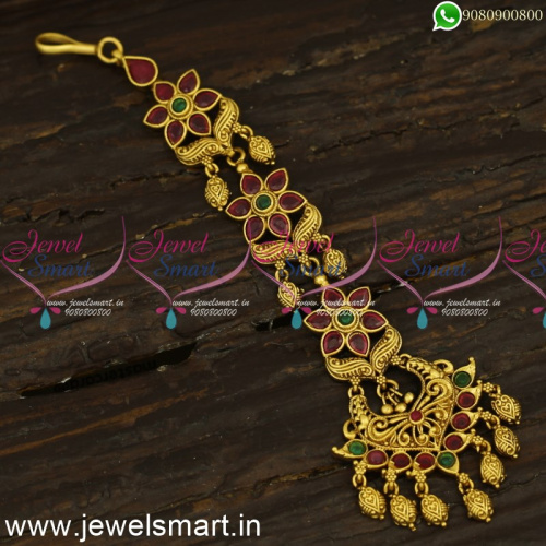 Latest Antique Gold Maang Tikka Designs 2021 Launch Ruby Emerald Jewellery T24304