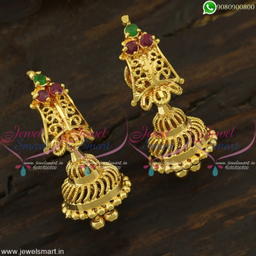 Latest Eye-Catching Gold Jhumka Earrings Design Small Size Light Weight Online J22413