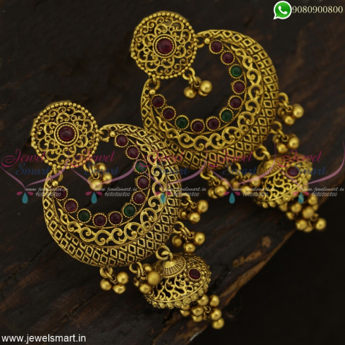 Lavish Gold Chandbali Earrings Designs With Jhumka Antique Imitation Jewellery Online J22958