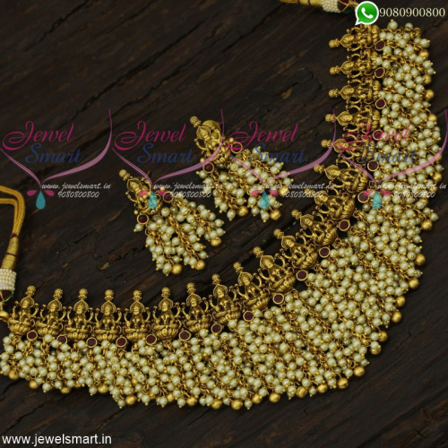 Lavish Pearl Temple Necklace Lakshmi God Gold Design Bridal Jewellery NL22168