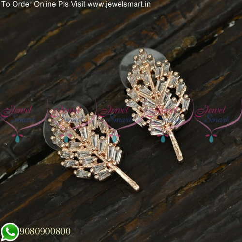 Leaf Design CZ White Stones Ear Studs For Women Rose Gold ER25158