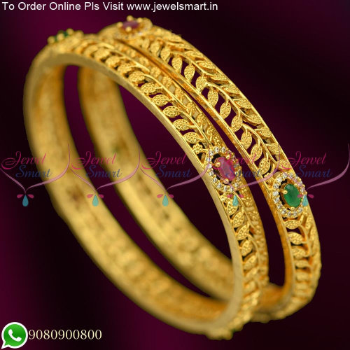 Leaf Design One Gram Gold Bangles Ruby Emerald Stones B25386