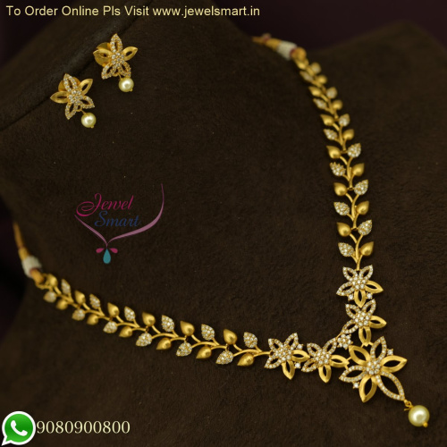 Whimsical Charm: Leaf and Flower White CZ Stones Affordable Antique Gold Necklace Set NL26200