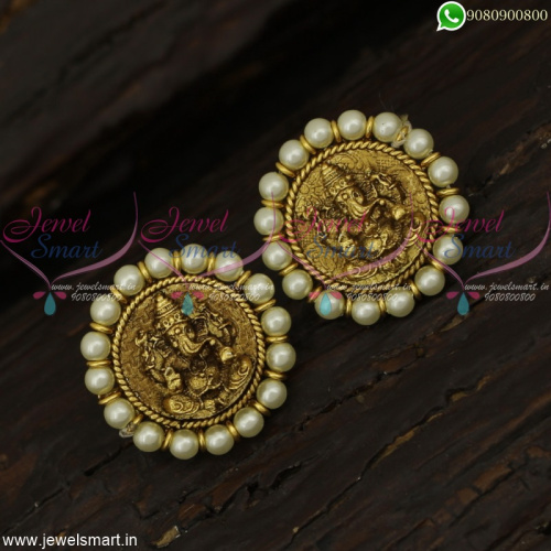 Lord Ganesha Pearl Ear Studs Latest Nakshi Temple Jewellery Antique Gold Online ER22687