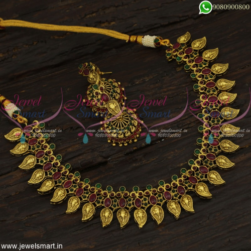 Lord Ganesha Temple Jewellery Necklace Mango Pendants Kemp Ruby Emerald