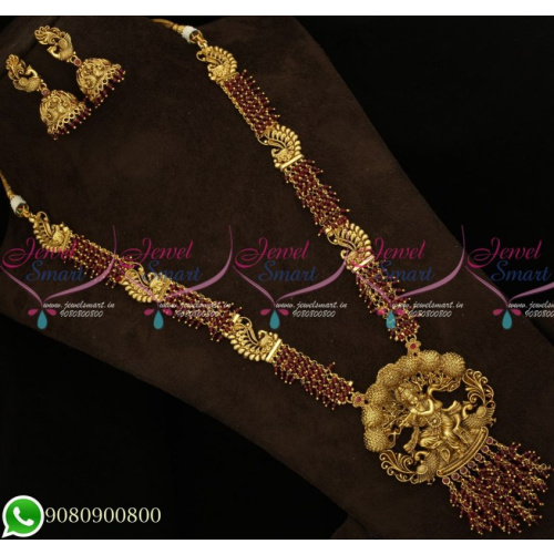Lord Krishna Temple Long Necklace Mugappu Design Antique Gold Crystal Beads Malai